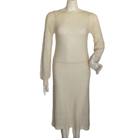 Vintage Knit Midi Dress, S, Ivory Acrylic, Long sleeves, Pointelle, 70s - Picture 1 of 13
